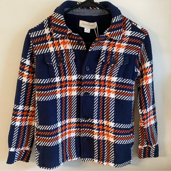 NWT OUTERKNOWN BOYS CLOUD WEAVE SHIRT JACKET SHACKET NAVY BLUE ORANGE PLAID $198